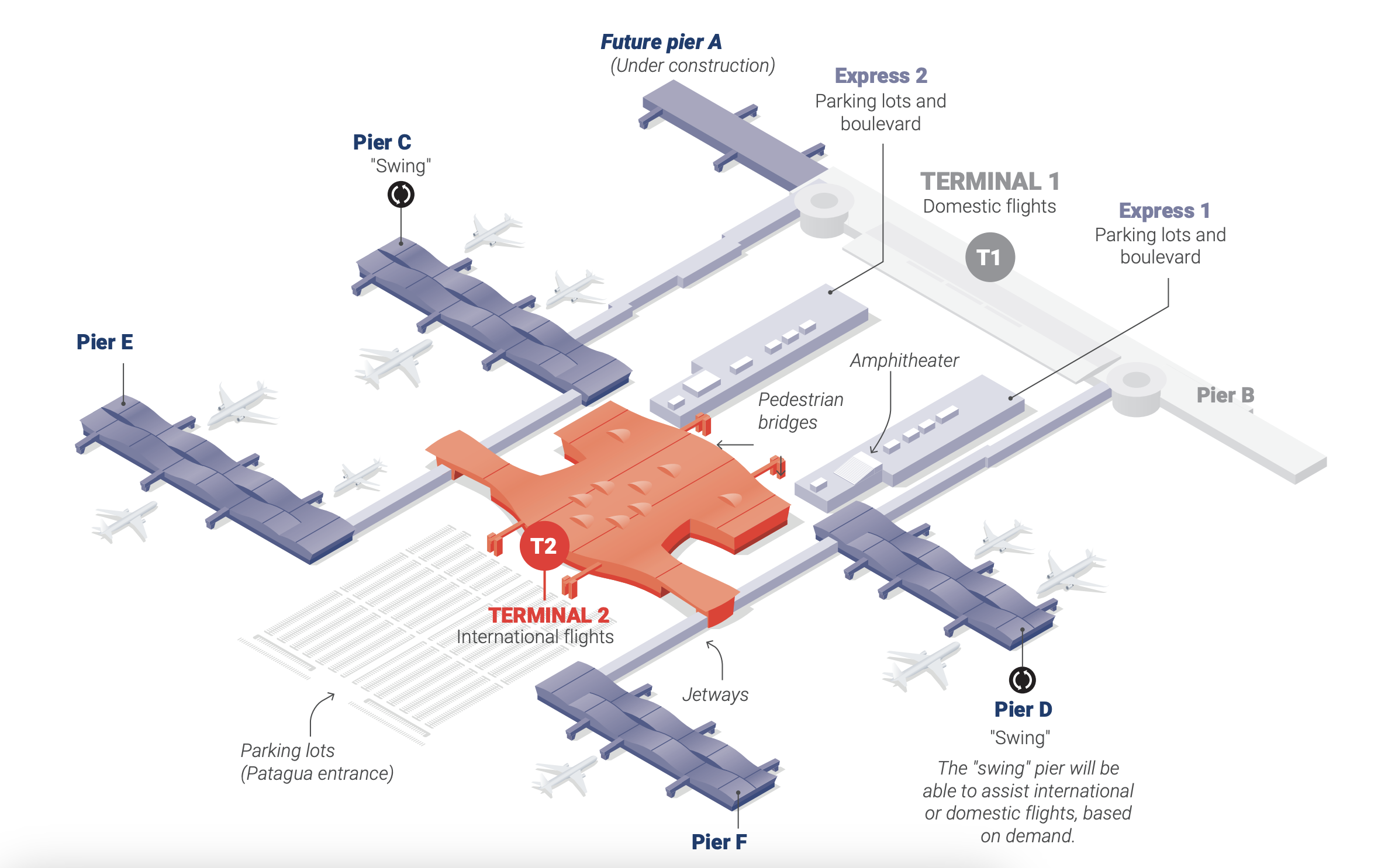 Santiago Airport Terminal 1 and Terminal 2 Map showing Pier A to F