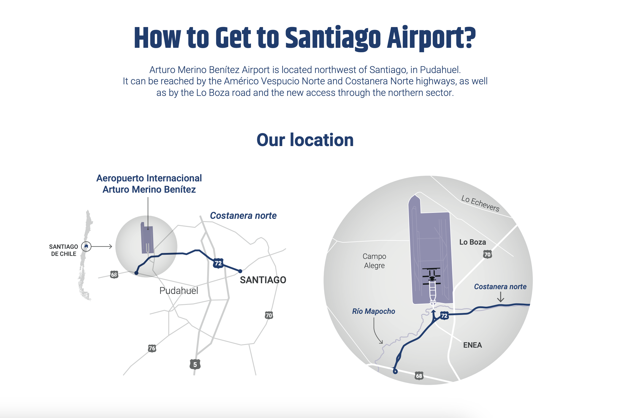 Map showing Santiago Airport location and access highways Costanera Norte and Americo Vespucio